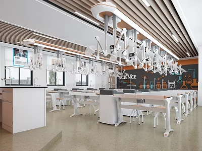 Modern Science Laboratory Interior Setup With Hanging Equipment White Tables And Chairs 3d model