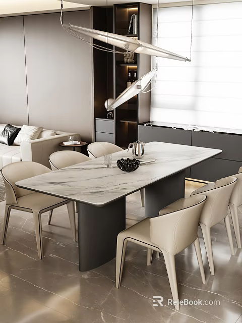 Modern Elegant Dining Table Set With Marble Top And Beige Chairs For Contemporary Home 3d model 