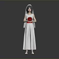 Woman in White Wedding Dress with Veil Holding Red Bouquet on Gray Background