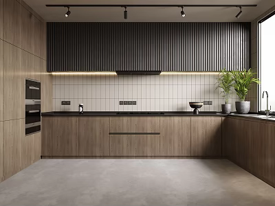 Modern Kitchen Interior Design With Wooden Cabinets Black Ribbed Upper And White Tile Backsplash 3d model
