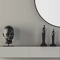 Modern Dressing Table With Round Mirror Decorative Sculptures Vase And Cabinets
