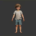 Child in Light Gray T-Shirt and Blue Shorts Standing Barefoot Against Dark Background