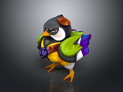 Cute Cartoon Penguin Character With Colorful Green Wings Purple Cape Yellow Feet And White Belly 3d model