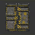 Industrial Metal Gate With Yellow Black Stripes Mesh Panels And Caution Signs