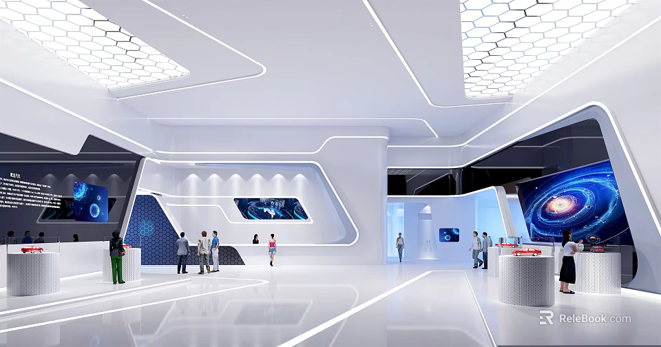 Modern Exhibition Hall White Interior With Hexagonal Ceiling LED Strip Lights And Digital Display Screens 3d model 
