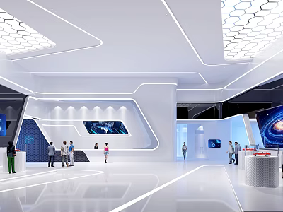 Modern Exhibition Hall White Interior With Hexagonal Ceiling LED Strip Lights And Digital Display Screens 3d model