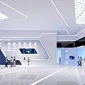 Modern Exhibition Hall White Interior With Hexagonal Ceiling LED Strip Lights And Digital Display Screens