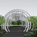 Modern Pergola Arched Structure With Hanging Decorations Stone Path And Green Trees 3d model