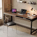 Modern Home Office Workspace With Wooden Desk Laptops Table Lamp Chair And Bookshelf