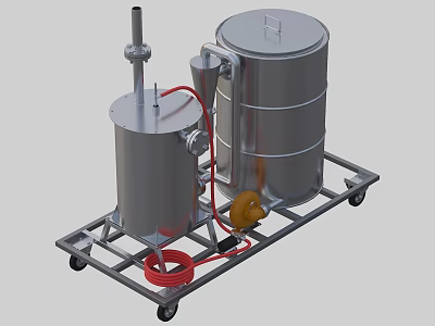 Mobile Industrial Stainless Steel Tanks Equipment With Red Hose And Yellow Components On Cart 3d model