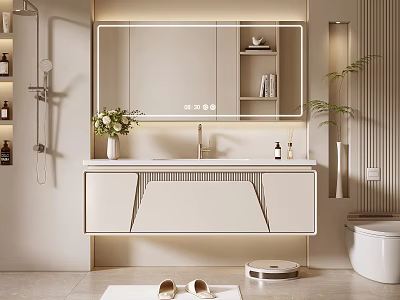 Elegant Modern Bathroom Vanity With Mirror Cabinet Countertop Flower Vase And Lighting 3d model