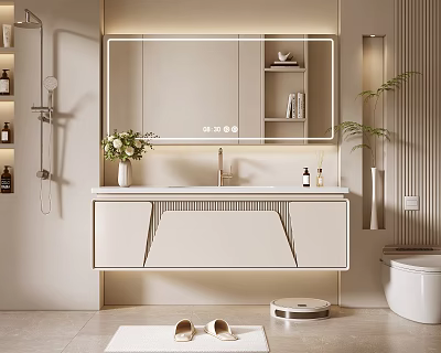 Elegant Modern Bathroom Vanity With Mirror Cabinet Countertop Flower Vase And Lighting 3d model