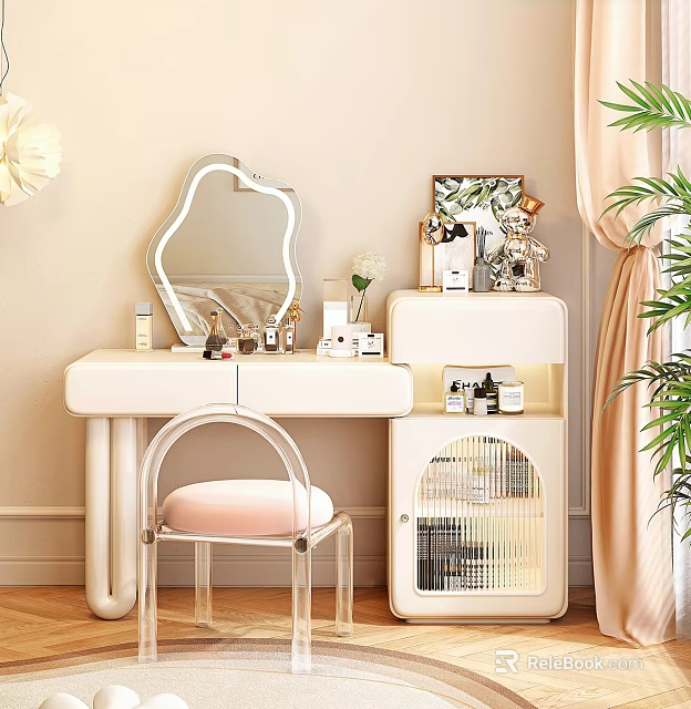 White Dressing Table With Unique Mirror Acrylic Chair Pink Cushion Skincare Cosmetics And Potted Plant 3d model 