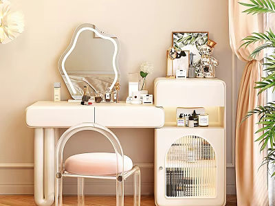 White Dressing Table With Unique Mirror Acrylic Chair Pink Cushion Skincare Cosmetics And Potted Plant 3d model