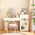 White Dressing Table With Unique Mirror Acrylic Chair Pink Cushion Skincare Cosmetics And Potted Plant