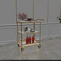 Commercial Three Tier Serving Cart With Gold Metal Frame Marble Top And Wheels
