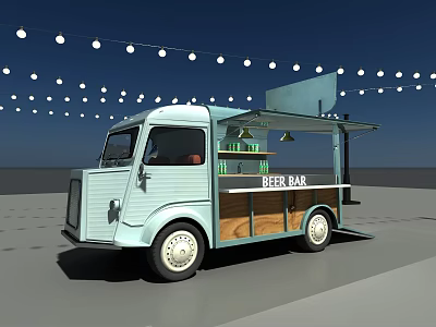 Light Blue Beer Bar Food Truck with String Lights and Open Service Window 3d model