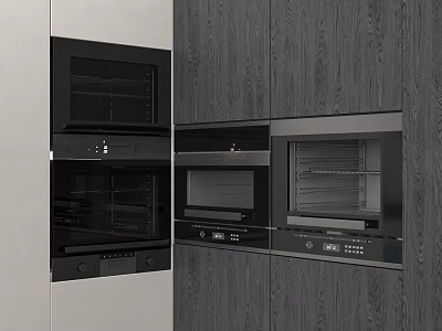 Modern Built in Kitchen Appliances With Oven Microwave And Dark Wood Cabinets 3d model