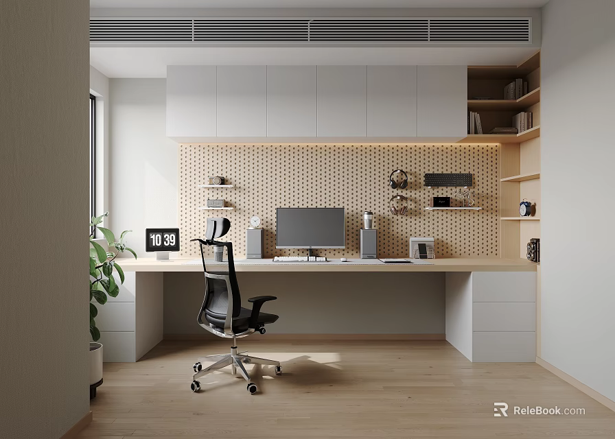 Modern Study Room Interior With Desk Monitor Black Chair White Bookshelves Perforated Wall Potted Plant 3d model 