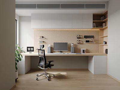 Modern Study Room Interior With Desk Monitor Black Chair White Bookshelves Perforated Wall Potted Plant 3d model