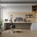 Modern Study Room Interior With Desk Monitor Black Chair White Bookshelves Perforated Wall Potted Plant