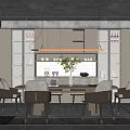 Modern Restaurant Interior With Round Dining Table Gray Chairs Pendant Lights And Wooden Shelves