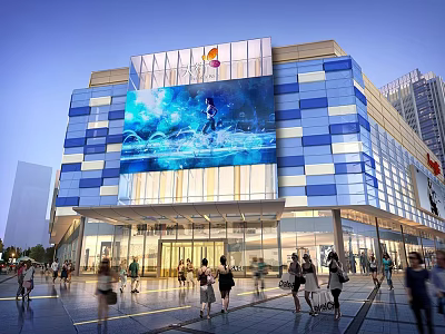 Modern Commercial Complex Featuring Large Digital Screen Blue White Square Facade And Vibrant Pedestrian Area 3d model