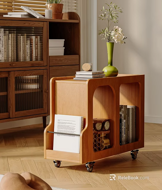 Wooden Side Table with Wheels Green Vase and Books on Top in Living Room 3d model 