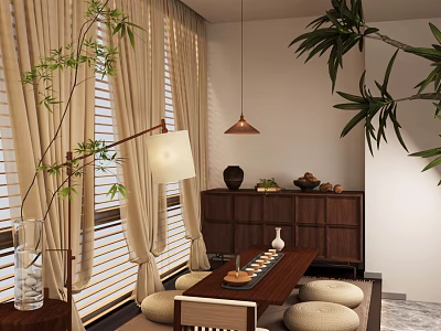 Tranquil Tea Room Interior With Bamboo Plants Pendant Light Low Wooden Table And Cushions 3d model