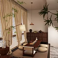 Tranquil Tea Room Interior With Bamboo Plants Pendant Light Low Wooden Table And Cushions