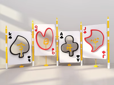 Decorative Display Boards With Playing Card Suits Chinese Characters And Yellow Poles On White Background 3d model