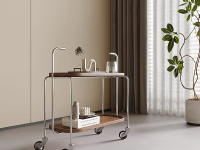 Modern Living Room Interior With Wheeled Storage Shelf Wooden Layers Metal Frame And Green Plant 3d model