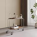 Modern Living Room Interior With Wheeled Storage Shelf Wooden Layers Metal Frame And Green Plant