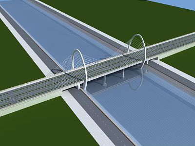 Modern Arch Bridge Design Over Water With Roads And Green Grass 3d model