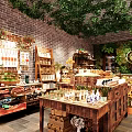 Rustic Specialty Store Interior With Brick Wall Greenery Wooden Shelves And Decorative Items