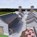 Traditional Chinese Commercial Street With Ancient Architecture And Outdoor Seating Areas