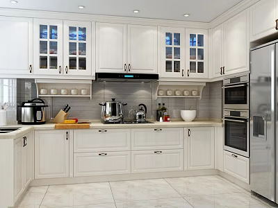 Modern White Kitchen Cabinets With Glass Doors And Stainless Steel Appliances 3d model
