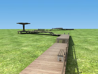 Scenic Wooden Pedestrian Walkway With Bench And Covered Pavilion In Grassland 3d model