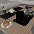 Modern Kitchen Appliances On Wooden Table With Induction Cooktops Pots Plates With Cookies And Eggs