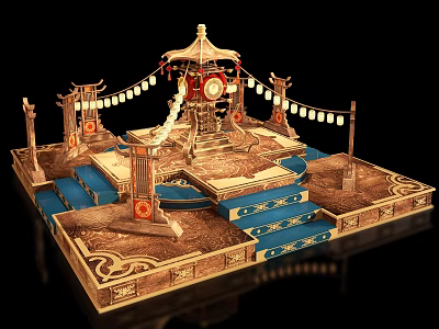 Traditional Chinese Decorative Pavilion Model with Hanging Lanterns and Blue Steps 3d model