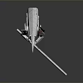 Mechanical Character with Spiked Head White Red Design Standing on Long Legs Holding Long Weapon
