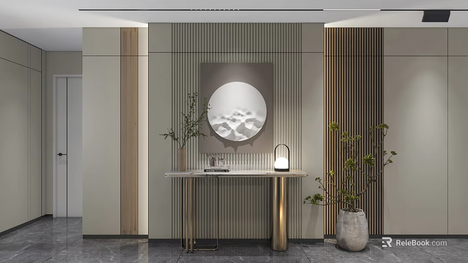 Modern Entryway Hallway Design With Striped Wall Panel Round Mirror And Console Table With Plants 3d model 