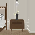 Brown Wooden Bedside Table With Vase White Flowers In Light Wall Bedroom Interior