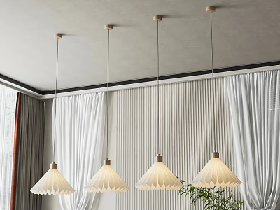 Four Stylish Paper Shade Pendant Lights Hanging In Modern Living Room With White Curtains 3d model