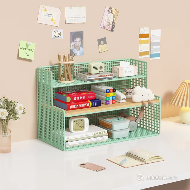 Green Grid Shelf With Books Stationery Storage Boxes Alarm Clock And Plush Toy 3d model 