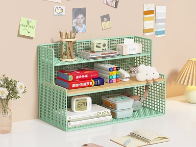 Green Grid Shelf With Books Stationery Storage Boxes Alarm Clock And Plush Toy 3d model
