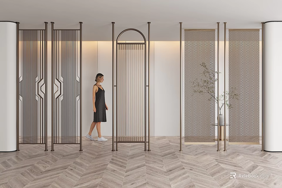 Elegant Modern Interior Partition With Metal Frame Perforated Panels Striped Design On Herringbone Wooden Floor 3d model 