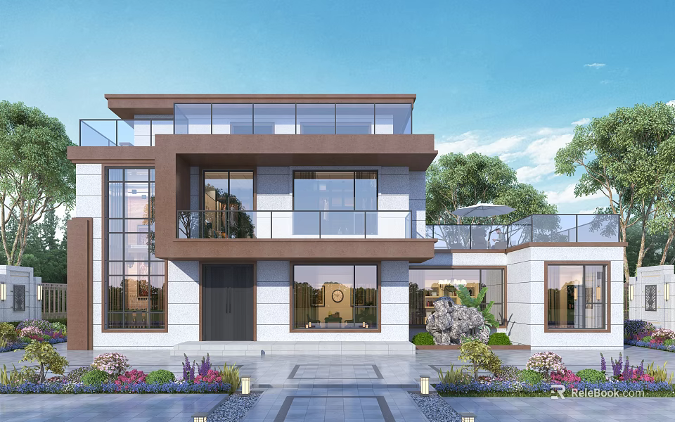 Modern Detached Villa With Two Story Design Large Glass Windows Garden Landscape And Stone Pathway 3d model 