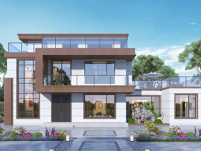 Modern Detached Villa With Two Story Design Large Glass Windows Garden Landscape And Stone Pathway 3d model