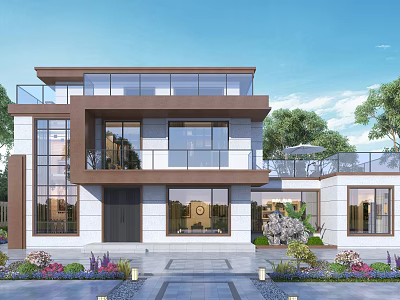 Modern Detached Villa With Two Story Design Large Glass Windows Garden Landscape And Stone Pathway 3d model